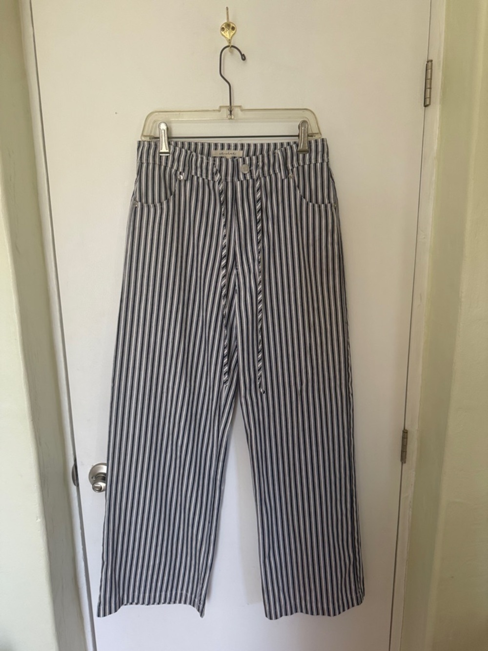 Striped Wide-Leg Drawstring Pants - Navy & White